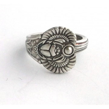 Egyptian Scarab 1909 Demitasse Band Spoon Ring Size 6 to 11 Silverplate